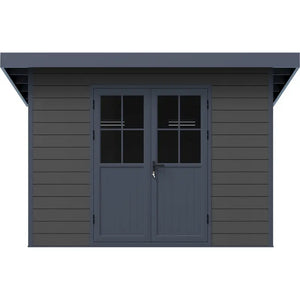 Dark gray wooden shed with a double door featuring glass panels on a white background