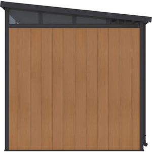 WPC storage shed with a black roof on a white background. Side View