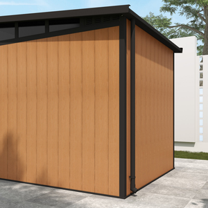 WPC shed with a modern design on a clear day. Rear View