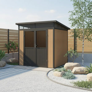 Garden shed with a modern design in a landscaped area with plants and rocks. Front View