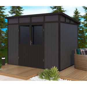 Garden shed with a wooden deck and outdoor furniture in a garden setting. Front View