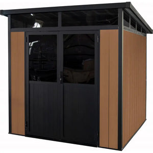 Small storage shed with black doors Front View