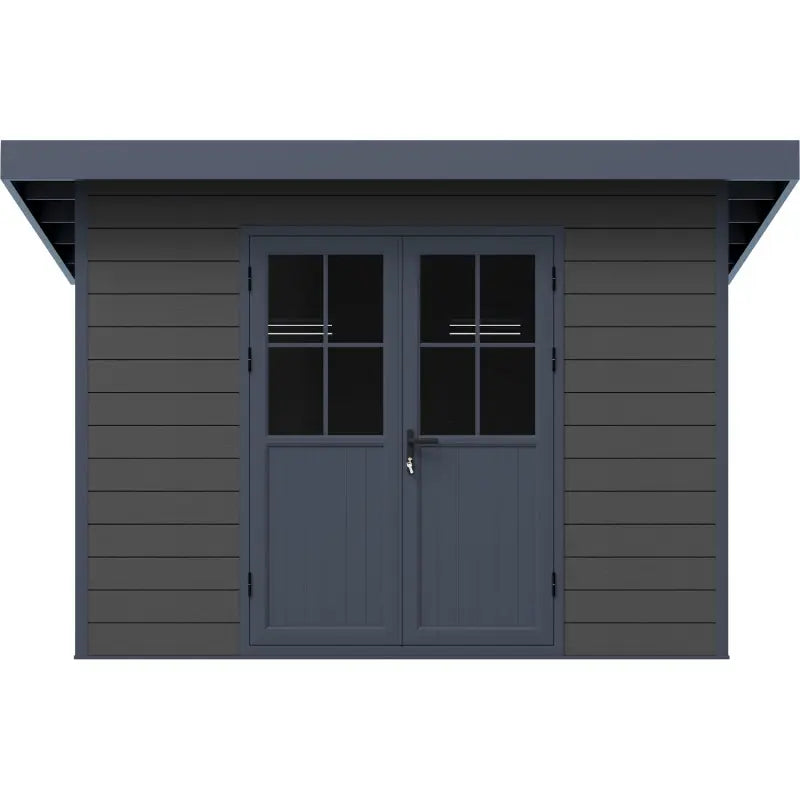 Dark gray wooden shed with a double door featuring glass panels on a white background