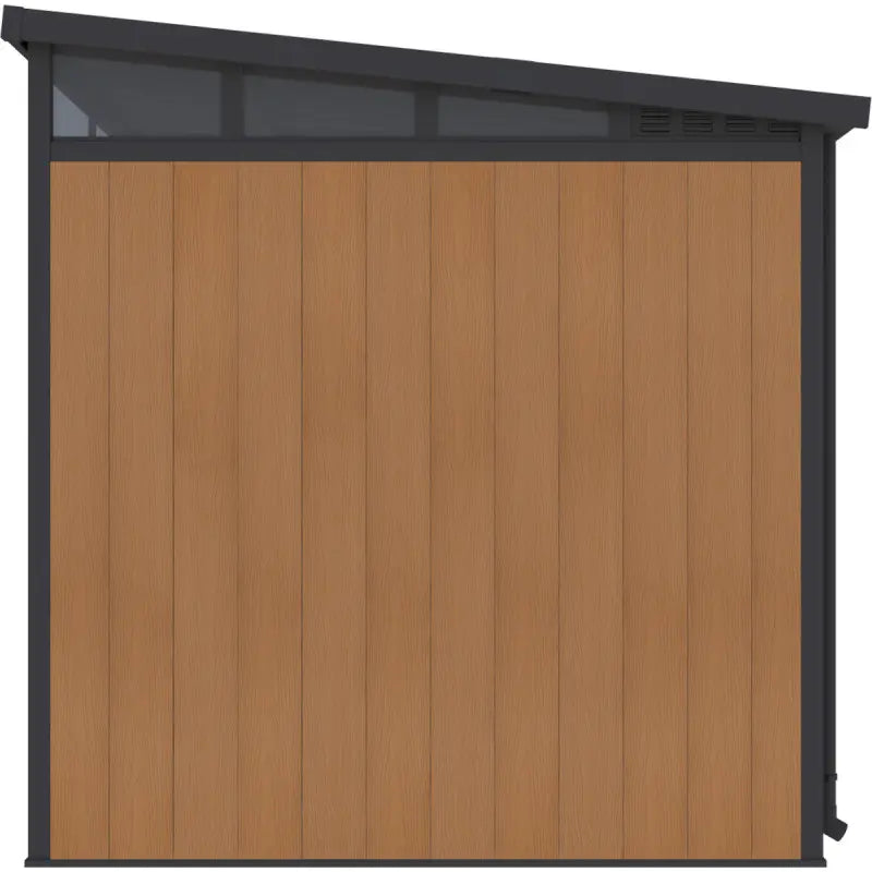 WPC storage shed with a black roof on a white background. Side View