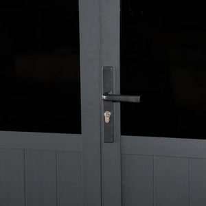 Dark gray door with a handle and lock on a black background Front View