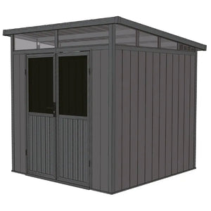 Gray Composite shed with a door and windows on a white background. Side View