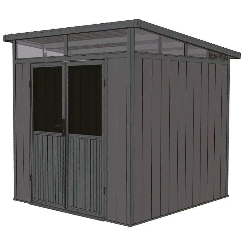 Gray Composite shed with a door and windows on a white background. Side View