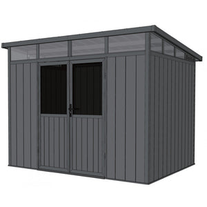 Garden shed with a door and windows on a white background