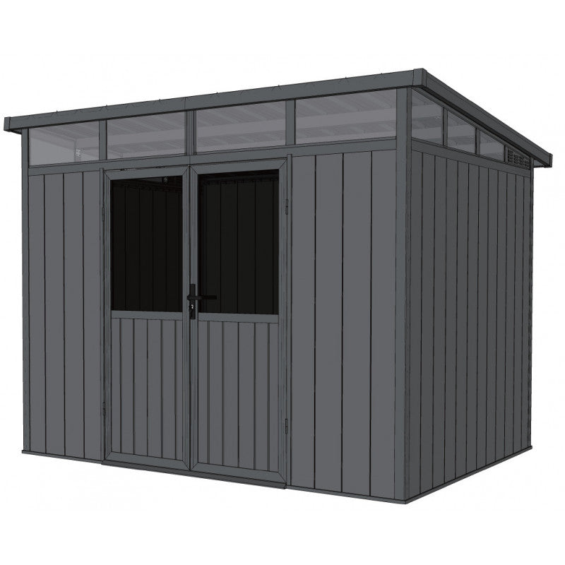 Garden shed with a door and windows on a white background