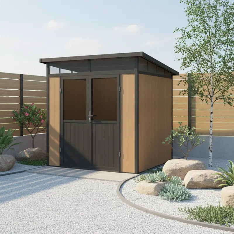 Garden shed with a modern design in a landscaped area with plants and rocks. Front View