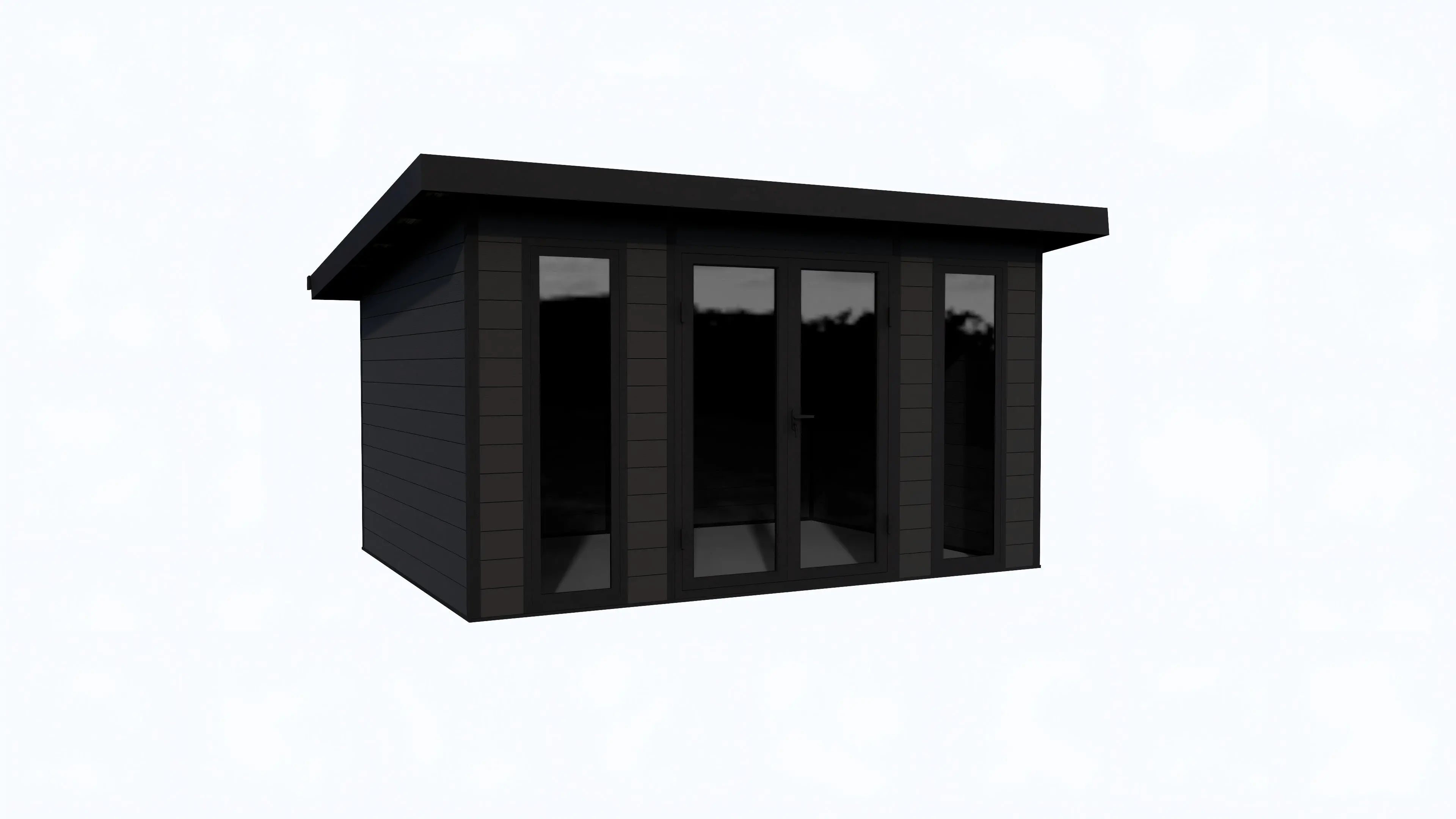Black wooden shed with glass doors on a white background