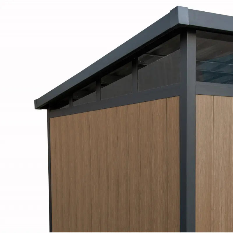 Plastic shed with a dark roof on a white background. Side View