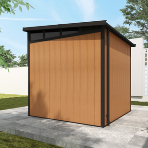 Plastic Composite shed with a black roof in a garden setting. Side View