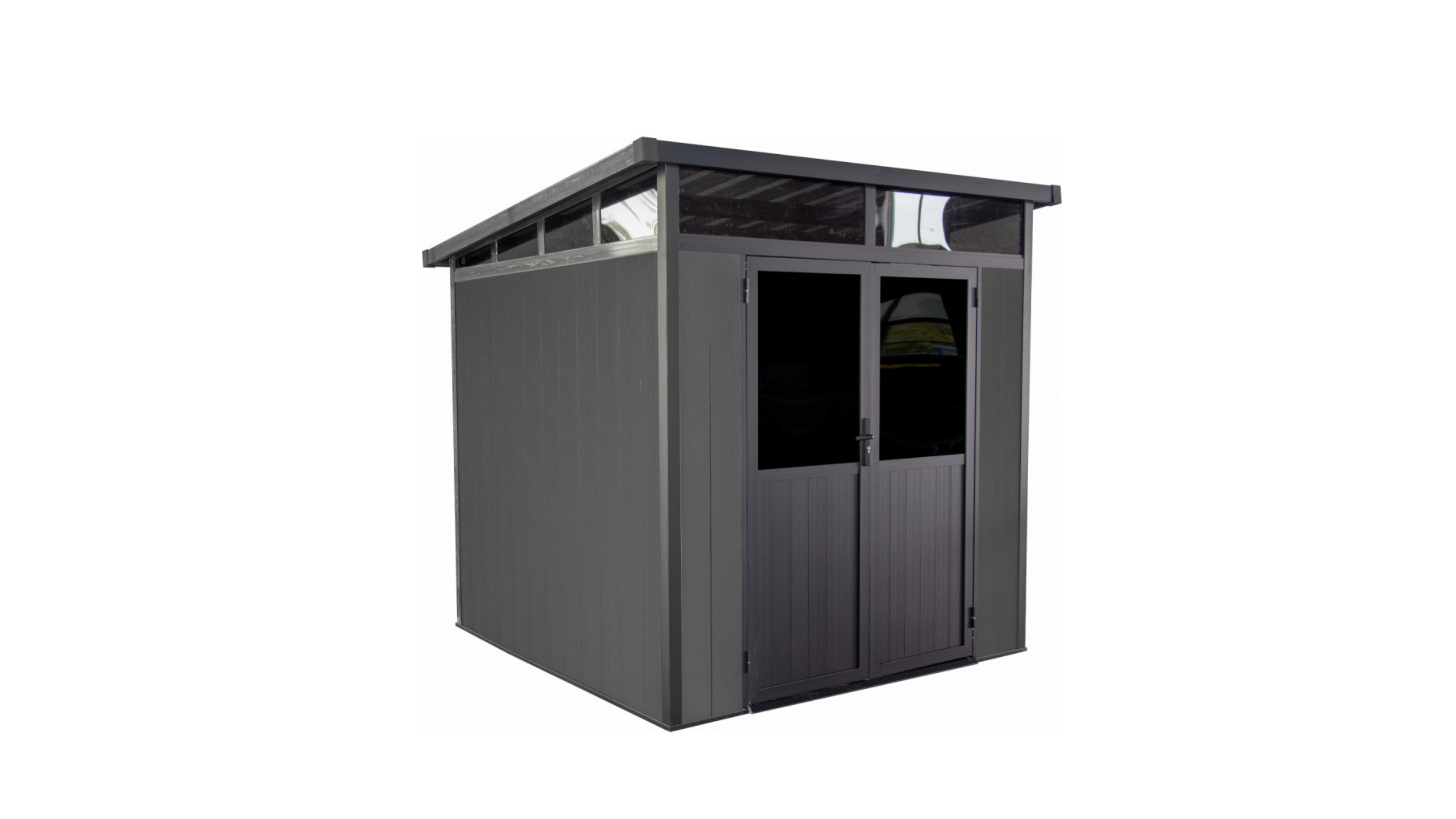 Gray storage shed with a white background