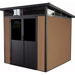 Small storage shed with brown siding and black door on a white background Front View