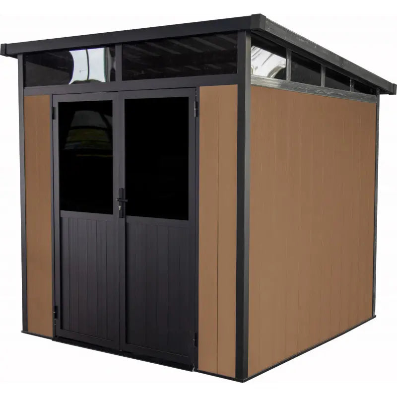 Small storage shed with brown siding and black door on a white background Front View