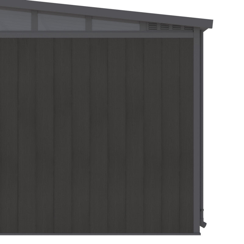 Dark gray metal shed with a slanted roof