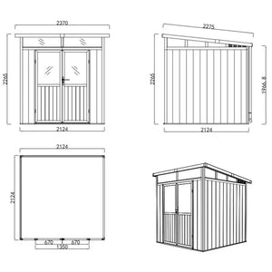Technical drawing of a small building with dimensions labeled