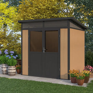 Garden shed with wooden sides and a dark roof, surrounded by potted plants and flowers. Front View